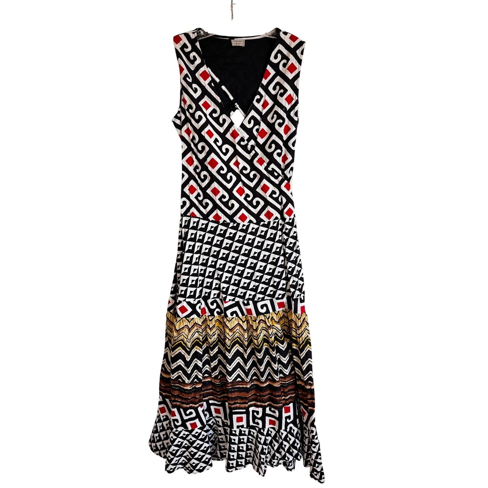 Sabby Anand Maxi Dress Sz L Cotton Geometric Tribal Print Open Back Boho Resort - Picture 3 of 11